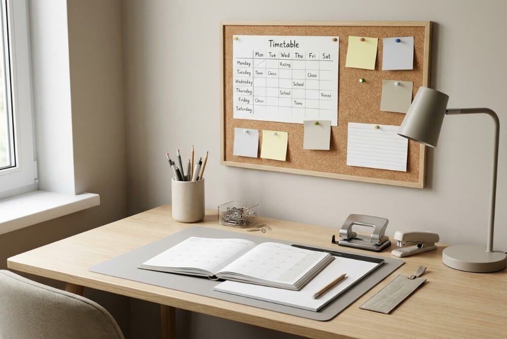 Zorganizowane biurko ucznia z planem lekcji, kalendarzem, lampką i przyborami biurowymi.
