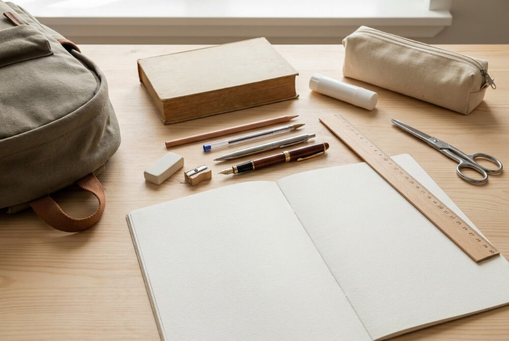 Podstawowe przybory szkolne rozłożone na biurku: ołówek, długopis, gumka, linijka, zeszyt i piórnik.