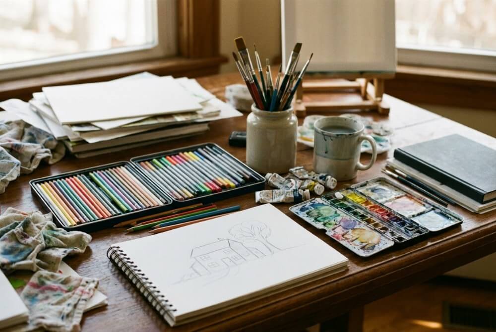 Przybory do rysowania i malowania na stole: kredki, pędzle, farby i szkicownik.