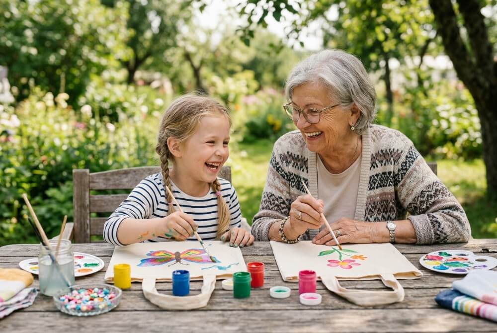 Babcia i wnuczka malują bawełniane torby podczas międzypokoleniowych warsztatów artystycznych w plenerze.