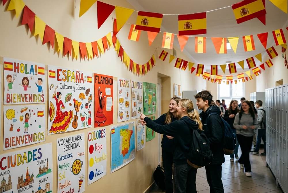 Szkolny korytarz ozdobiony czerwono-żółtymi girlandami, flagami Hiszpanii i plakatami edukacyjnymi.