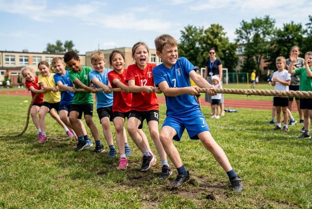 Uczniowie z determinacją i uśmiechem przeciągający wspólnie grubą linę podczas drużynowych zawodów sportowych.