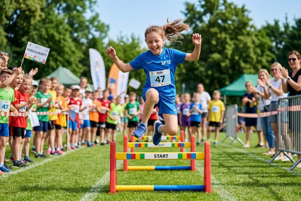 Dziecko w stroju sportowym przeskakujące przez niski płotek na trawiastym boisku podczas szkolnych zawodów.