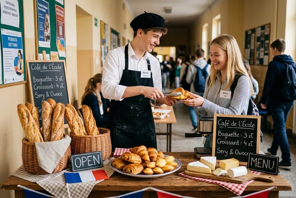 Szkolne stoisko z francuskim jedzeniem, na którym leżą bagietki i croissanty, obsługiwane przez ucznia w stroju kelnera.
