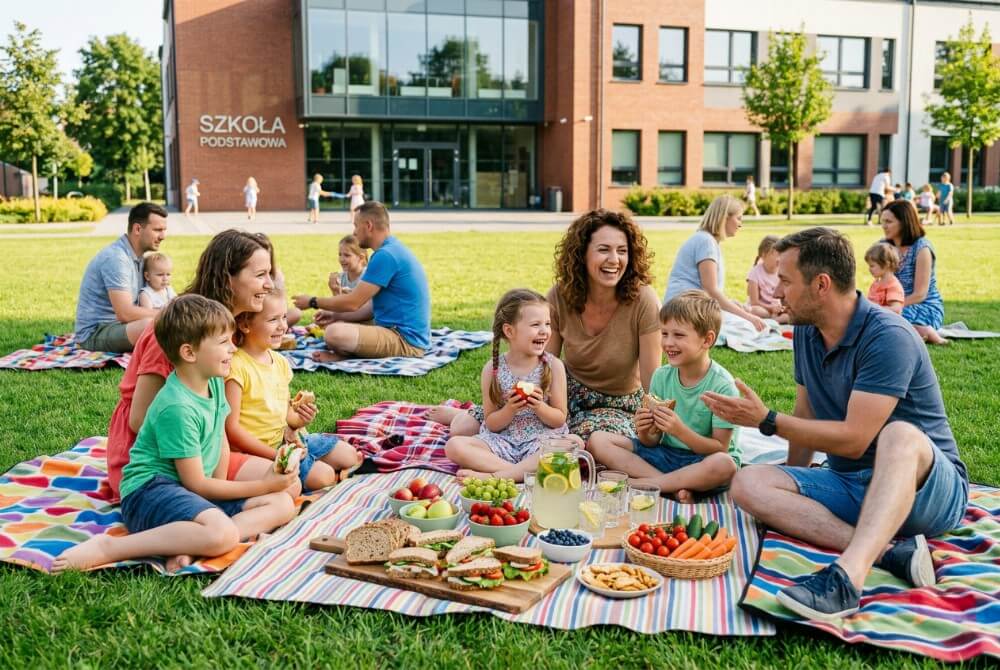 Rodzice i dzieci siedzą na kocach piknikowych, jedząc zdrowe przekąski na szkolnym trawniku.