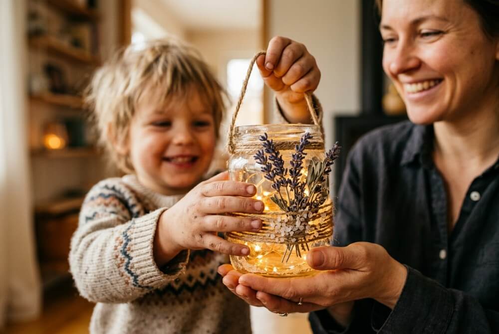 Dziecięce dłonie wręczają mamie własnoręcznie ozdobiony lampion ze słoika i lawendy jako upominek.