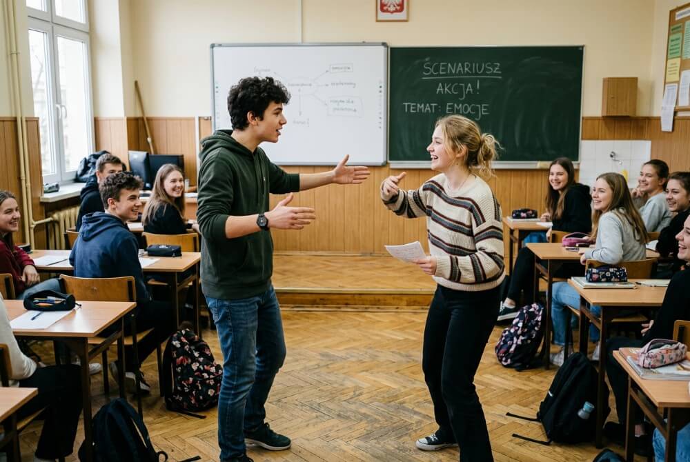 Dwójka uczniów odgrywająca scenkę przed klasą podczas zajęć integracyjnych, reszta grupy uważnie ich obserwuje.