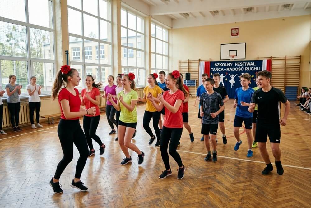 Uśmiechnięci uczniowie tańczący układ choreograficzny na sali gimnastycznej w ramach hiszpańskich aktywności ruchowych.