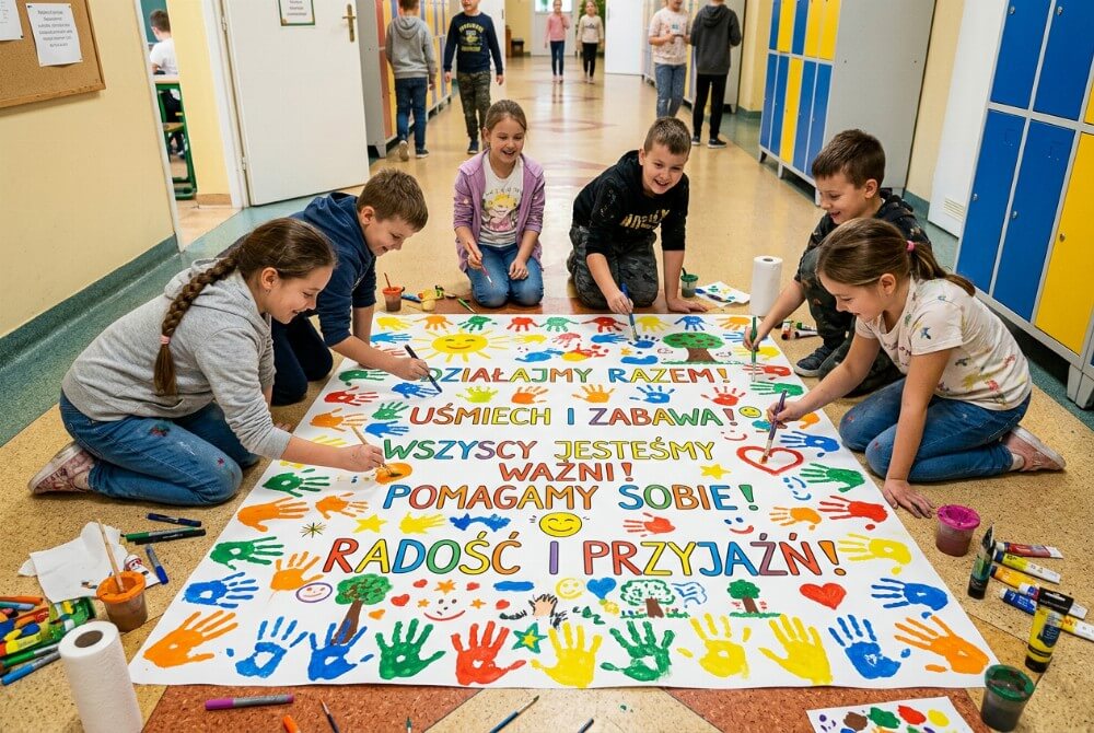 Uczniowie wspólnie malujący duży plakat o tolerancji i akceptacji, rozłożony na podłodze w szkole.