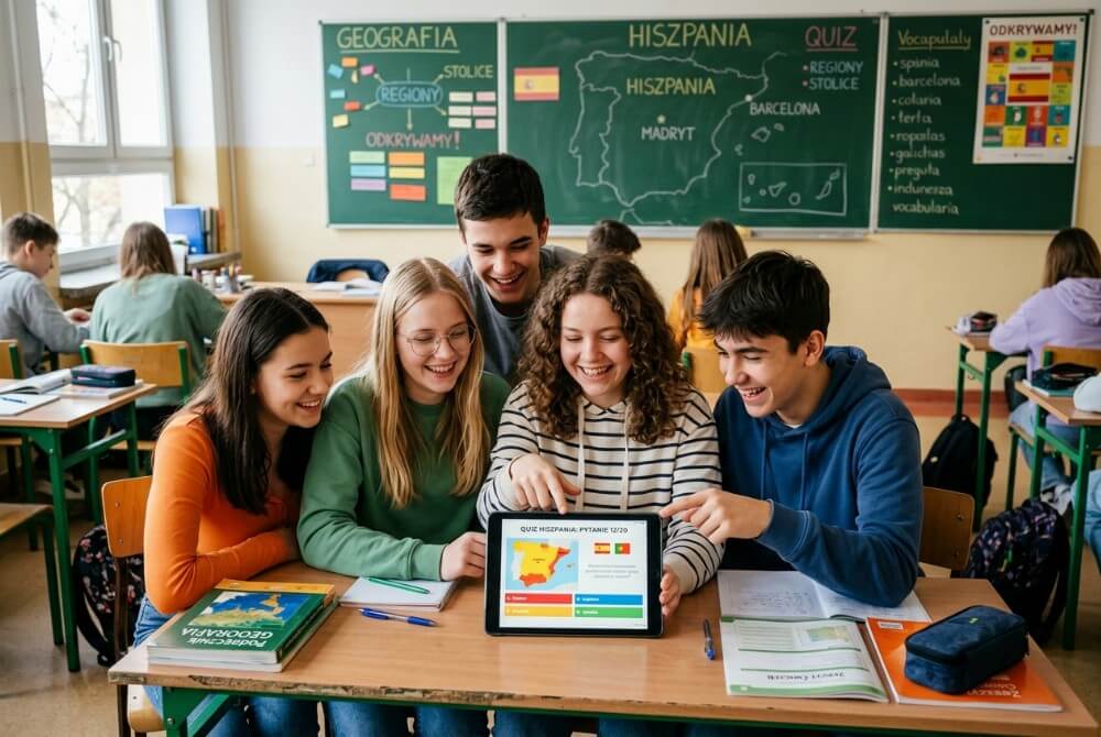 Grupa uczniów wspólnie rozwiązująca quiz edukacyjny na tablecie podczas Dnia Hiszpańskiego.