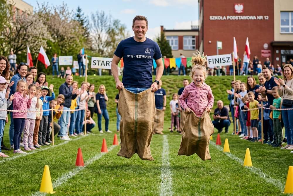 Ojciec z córką uśmiechają się podczas wyścigu w workach na szkolnym boisku podczas pikniku rodzinnego.