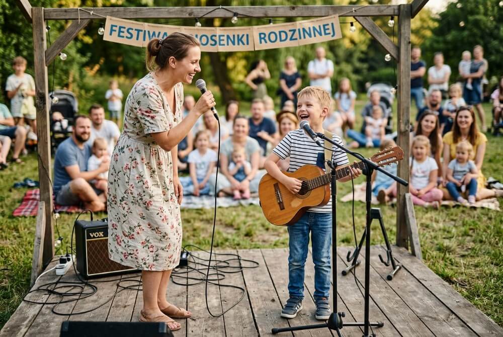 Mama z synem śpiewają wspólnie na plenerowej scenie podczas szkolnego festiwalu talentów.