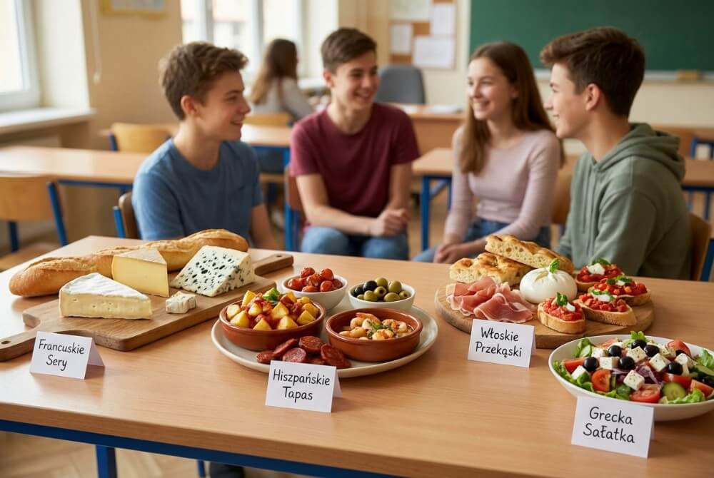 Stół pełen różnorodnych europejskich potraw, takich jak sery i tapas, wokół którego gromadzą się uśmiechnięci uczniowie.
