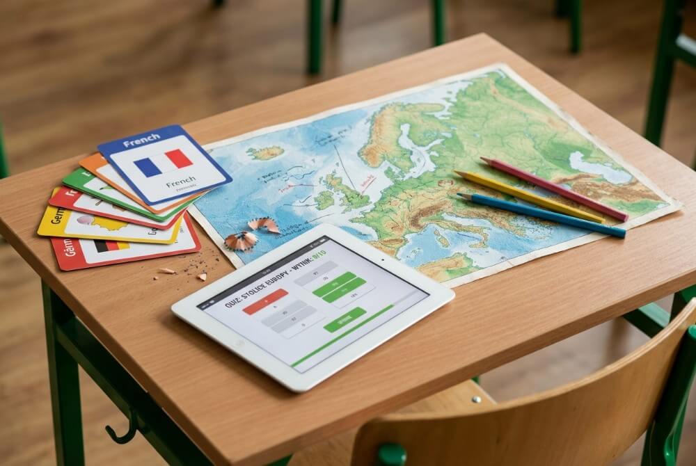 Szkolna ławka, na której leżą wydrukowane mapy konturowe Europy, kolorowe fiszki oraz tablet z quizem edukacyjnym.