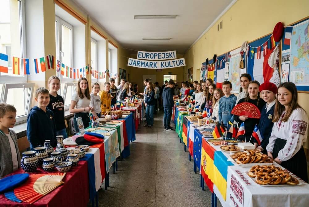 Uczniowie w szkole przy kolorowych stoiskach z flagami państw europejskich podczas jarmarku kultur.