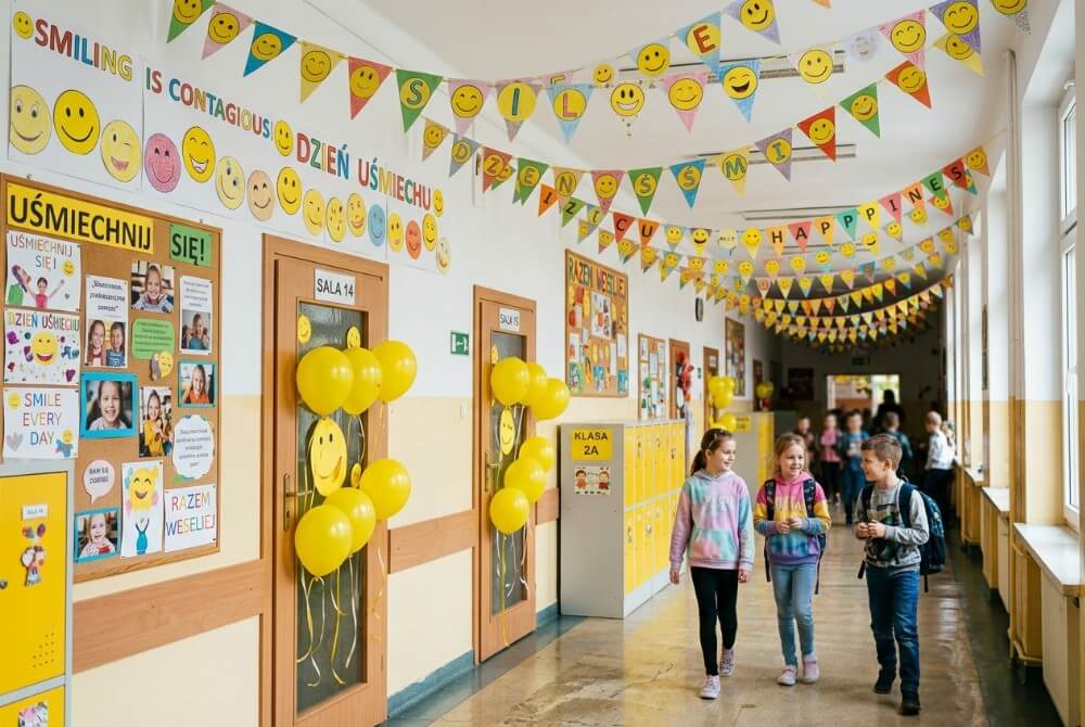 Szkolny korytarz radośnie udekorowany żółtymi balonami, plakatami i papierowymi girlandami w kształcie uśmiechów.
