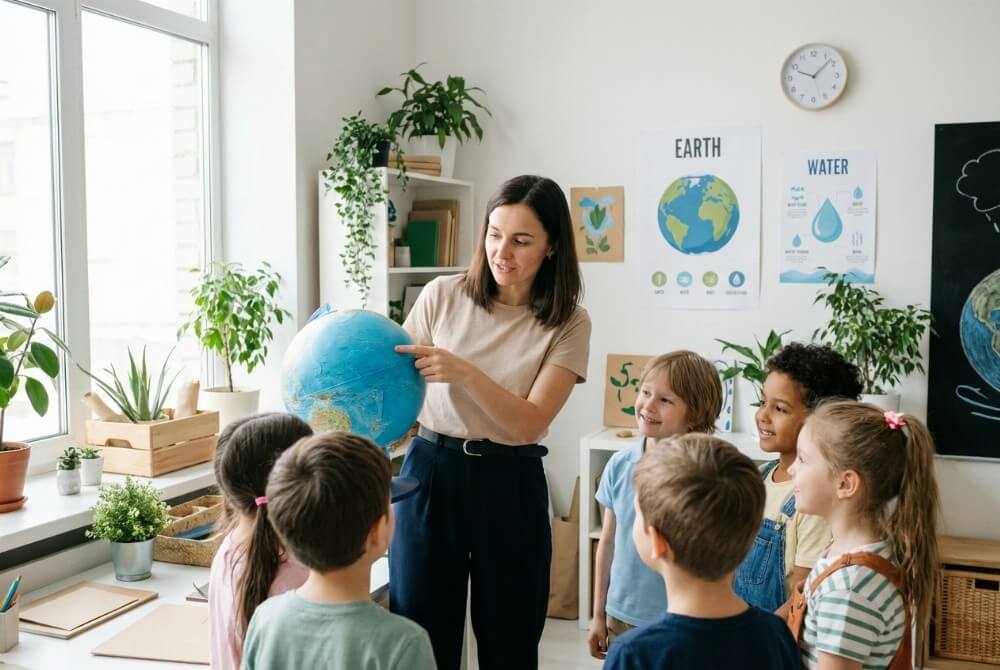 Nauczycielka i uczniowie w sali lekcyjnej oglądający globus podczas zajęć uświadamiających o Światowym Dniu Wody.