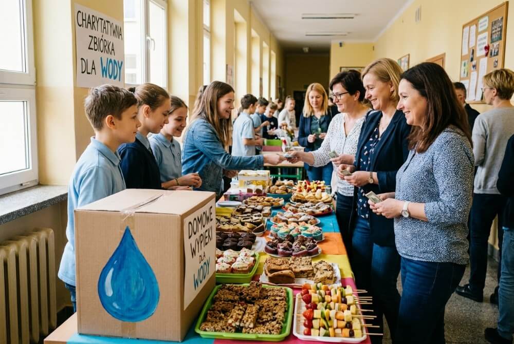 Stoisko z domowymi wypiekami i puszką na datki podczas szkolnego kiermaszu charytatywnego na rzecz budowy studni.