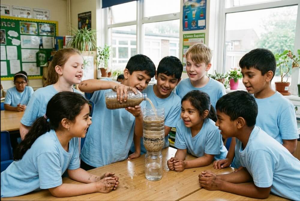 Uczniowie ubrani na niebiesko przeprowadzający eksperyment z filtrowaniem wody na szkolnych zajęciach.