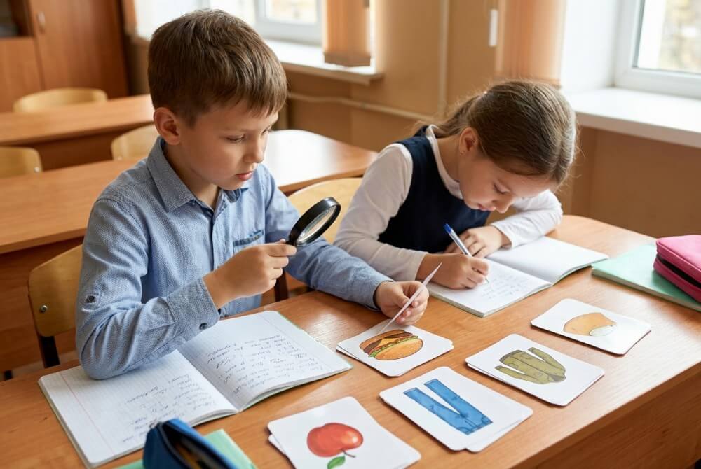 Uczniowie z lupą i notatnikami analizujący karty obrazkowe podczas szkolnego śledztwa dotyczącego śladu wodnego.