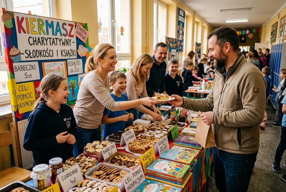 Uczniowie i rodzice sprzedający domowe wypieki na szkolnym kiermaszu charytatywnym.