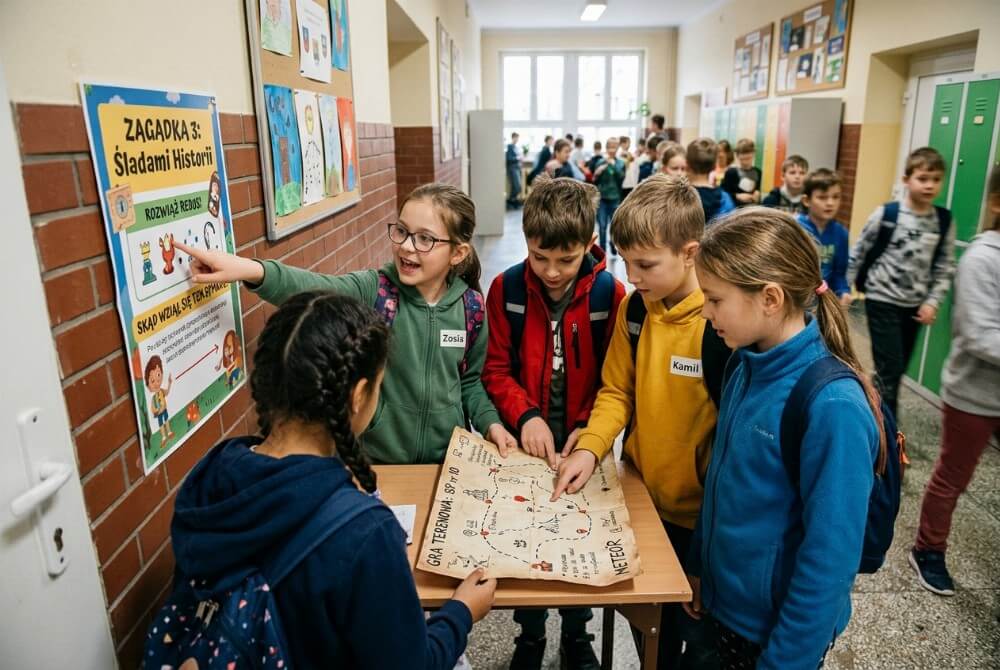 Grupa uczniów wspólnie rozwiązująca zagadkę z mapą podczas szkolnej gry terenowej na korytarzu.