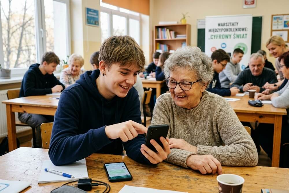 Nastolatek uczący seniora obsługi smartfona podczas szkolnych warsztatów międzypokoleniowych.