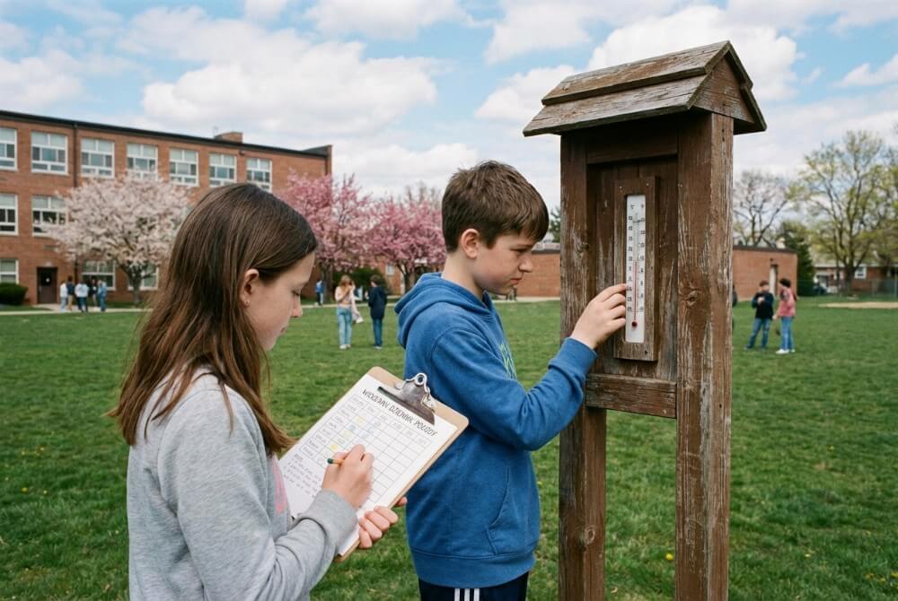 Uczniowie mierzą temperaturę i notują wyniki do wiosennego dziennika pogody w ramach projektu szkolnego.