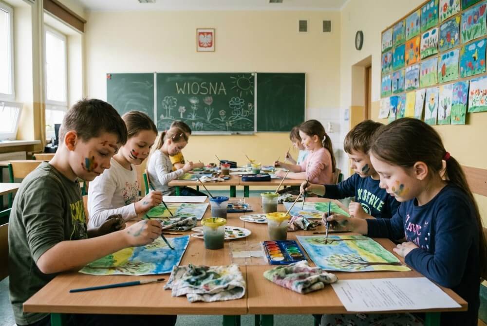 Dzieci malują wiosenne pejzaże podczas kreatywnych warsztatów plastycznych w klasie.