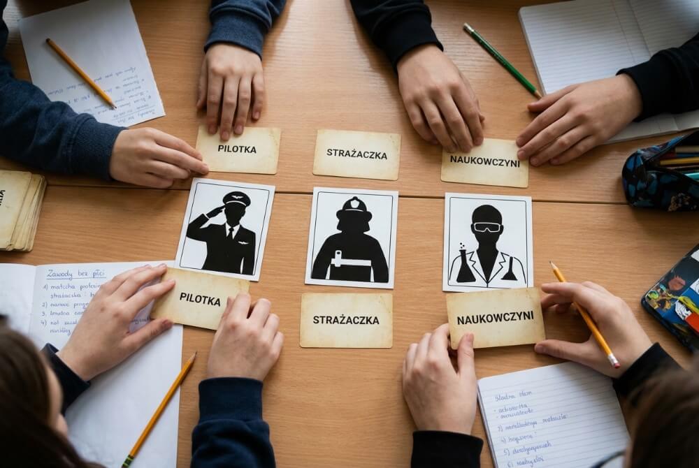 Uczniowie dopasowują zawody do postaci, ucząc się o równości i przełamywaniu stereotypów.