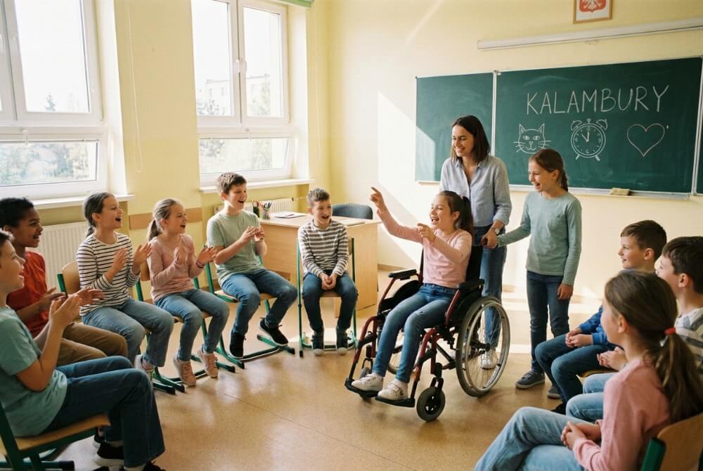 Uczniowie bawią się w kalambury podczas integracyjnych zajęć w klasie.