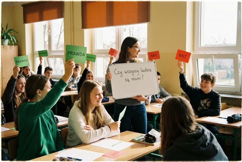 Uczniowie biorą udział w konkursie „Prawda czy mit?” dotyczącym równości.