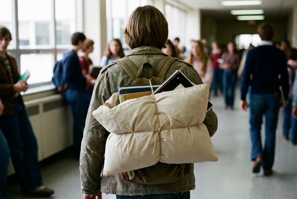 Książki i zeszyty przenoszone w poszewce na poduszkę przewiązanej sznurkiem.