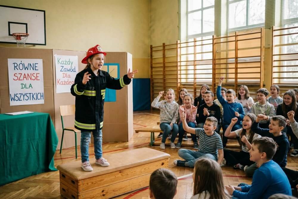 Uczniowie odgrywają scenkę teatralną o przełamywaniu stereotypów zawodowych.