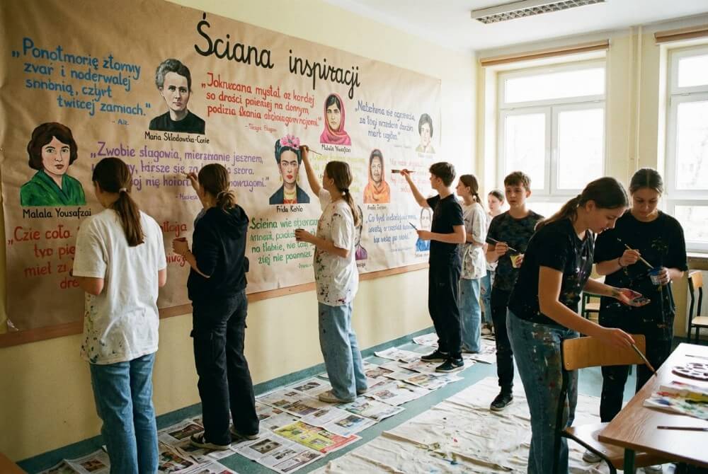 Uczniowie wspólnie tworzą ścianę inspiracji z cytatami i portretami kobiet w klasie.