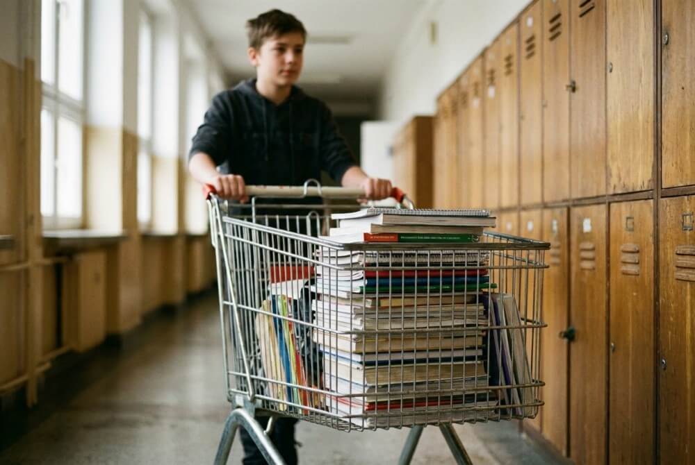 czeń na szkolnym korytarzu przewozi książki w metalowym wózku sklepowym.