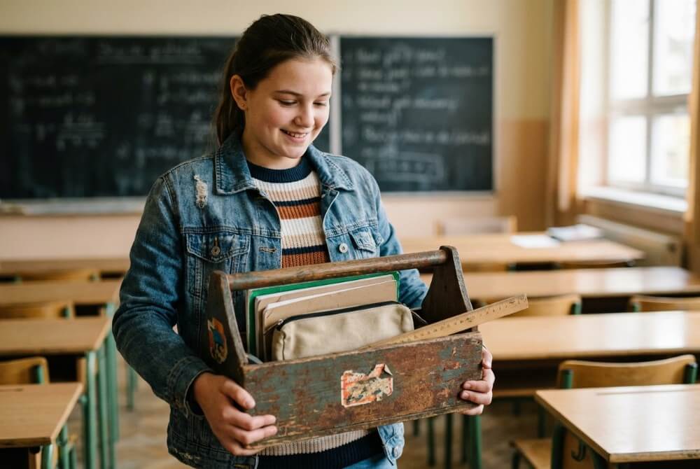 Uczennica niesie zeszyty w stylizowanej skrzynce na narzędzia zamiast plecaka.