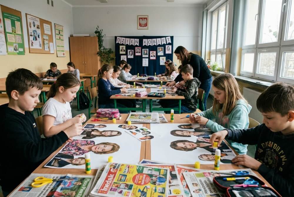 Uczniowie w klasie tworzą kolaże portretów inspirujących kobiet podczas szkolnych warsztatów.
