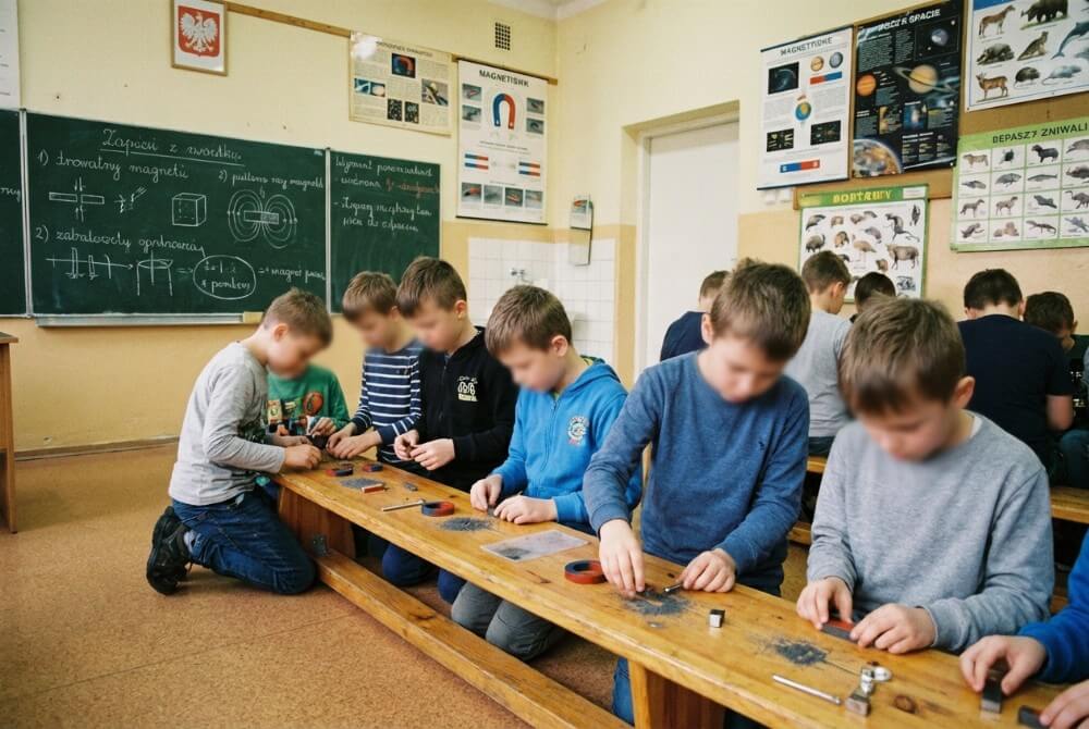 Dzieci wykonują proste doświadczenie z magnesami w szkolnej klasie.