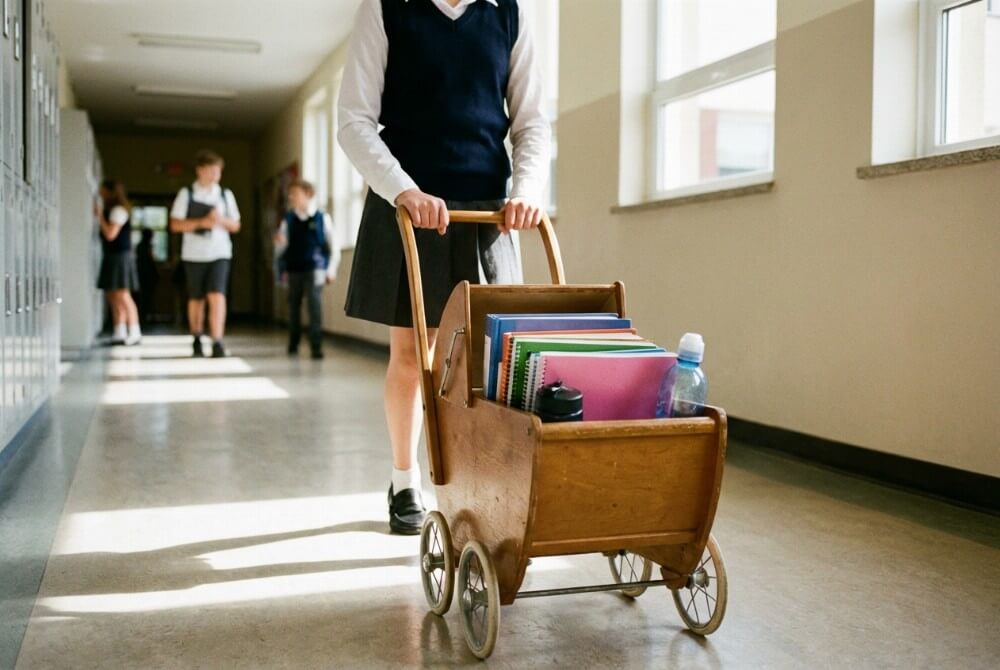 Uczennica pcha wózek dla lalek z książkami i zeszytami na szkolnym korytarzu.