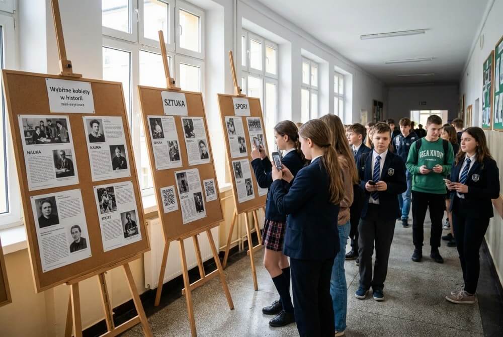 Uczniowie oglądają szkolną wystawę plakatów o wybitnych kobietach w historii.