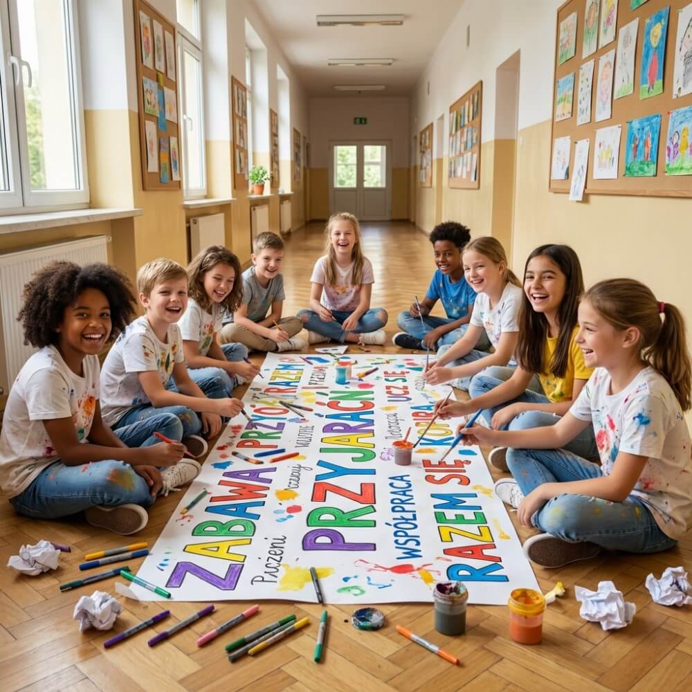 Grupa uczniów wspólnie tworząca duży, kolorowy plakat z literami i słowami na szkolnym korytarzu.