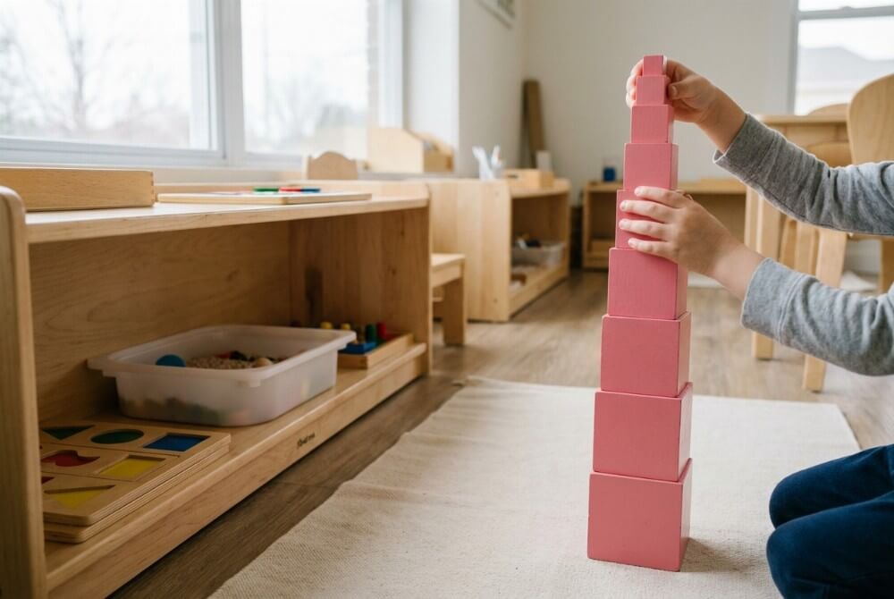Dziecko układa Różową Wieżę Montessori na macie w jasnej sali przedszkolnej.