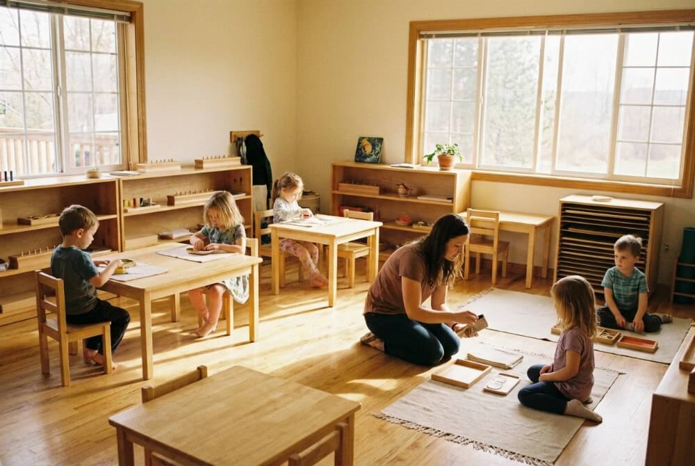 Dzieci w grupie mieszanej wiekowo pracują samodzielnie z materiałami Montessori, a nauczycielka udziela indywidualnej lekcji.