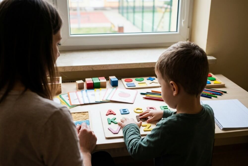 Zajęcia korekcyjno-kompensacyjne w gabinecie: terapeuta pracuje z dzieckiem na pomocach polisensorycznych.