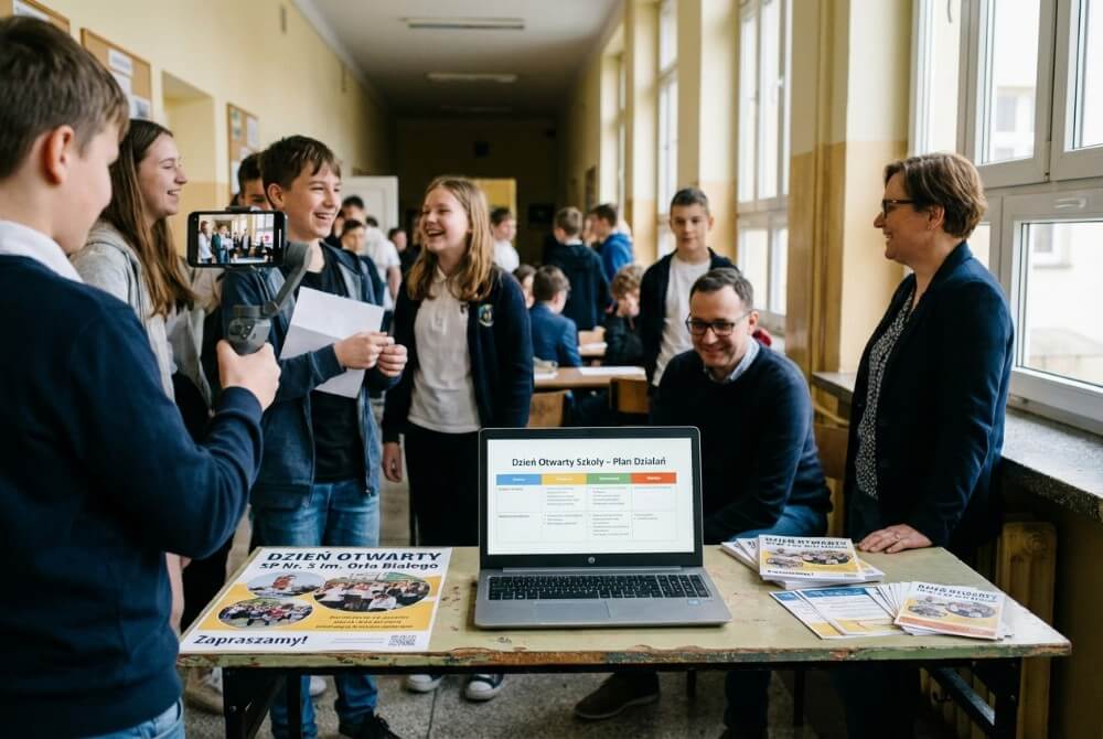 Uczniowie i nauczyciel przygotowują promocję dnia otwartego i nagrywają materiał do social mediów.