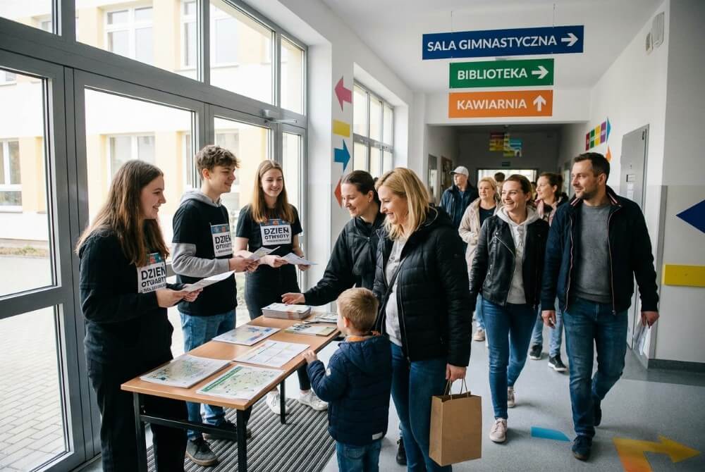 Punkt informacyjny przy wejściu do szkoły z uczniami rozdającymi mapki i czytelnym oznakowaniem.