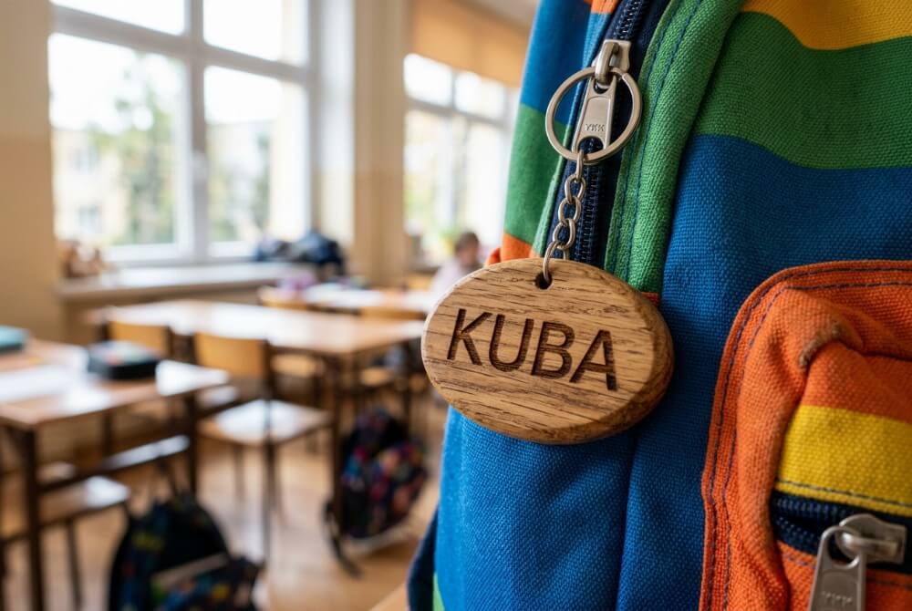 Drewniany breloczek z wygrawerowanym imieniem przypięty do szkolnego plecaka.
