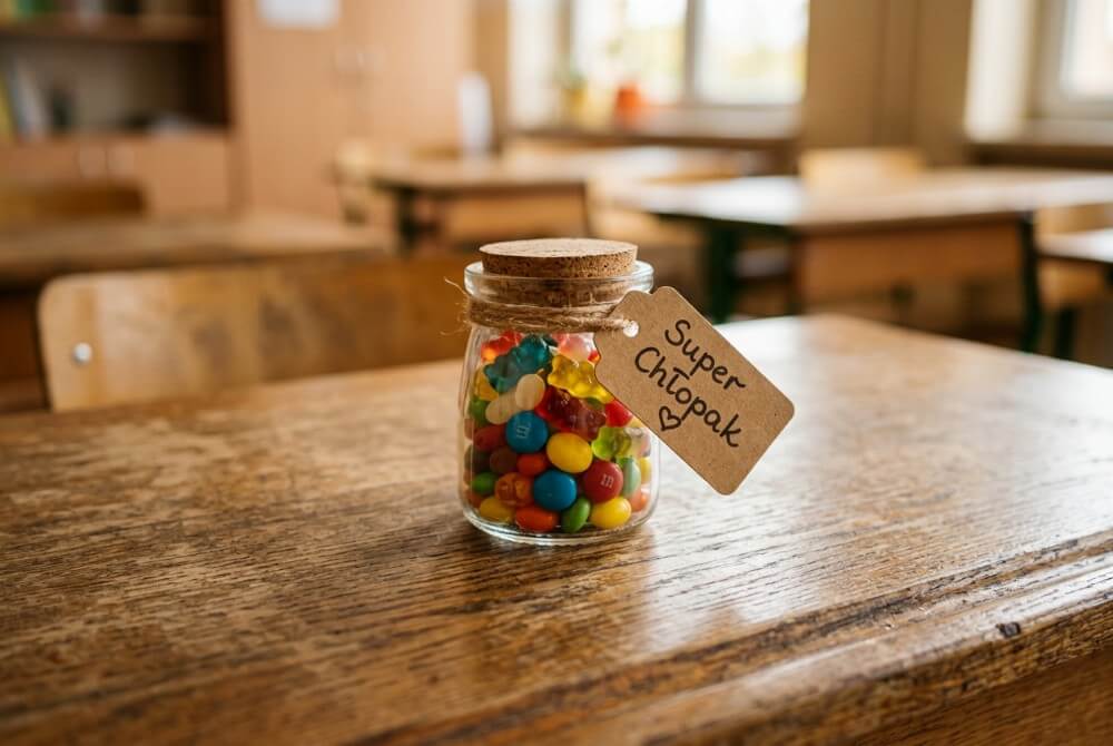 Mały słoiczek z kolorowymi cukierkami przewiązany jutowym sznurkiem z ozdobną etykietą, stojący na ławce.